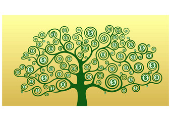 Money tree on a gold background with green dollars on spiral branches