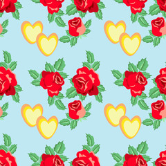 Vector - roses and hearts seamless pattern.