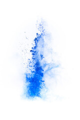 Explosion of blue, navy color, fluid and neoned powder on white studio background with copy space