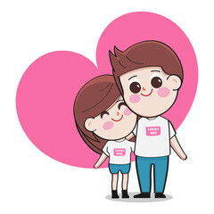 Couple character cartoon bride and groom on pre wedding background of pink hearts.