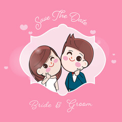 Cartoon bride and groom on wedding card background of pink hearts.