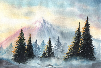 Watercolor illustration of winter mountains with forest. Sunset forest background with snow.
