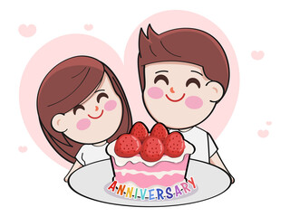 Lover Cartoon Couple character happy anniversary on Valentines Day with strawberry cake.