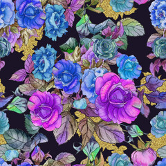Neon bouquets of watercolor roses on a black background. Seamless pattern.