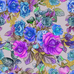 Neon bouquets of watercolor roses. Seamless pattern.