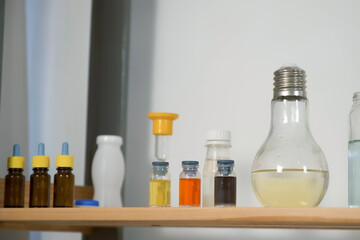 Home school chemistry class laboratory with reagents, jars, flasks and test tubes. Equipment for experiments. Homeschooling, education, science concept. Chemical classroom.
