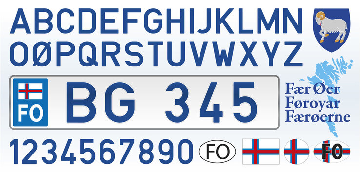 Faer Oer, Foroyar car license plate, letters, numbers and symbols, vector illustration, Denmark