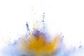 Explosion of colored, fluid and neoned powder on white studio background with copyspace
