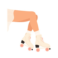 Women's legs in roller skates.  Woman skating shoe with pink wheels. Vector illustration in cartoon style. Isolated on white background.