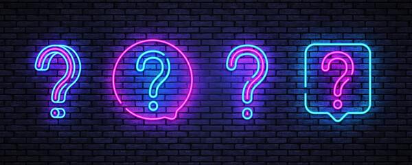 Modern question neon, great design for any purposes. Ask help sign. Blue background. Question neon on light background. Exclamation mark. Vector modern banner. Game frame - obrazy, fototapety, plakaty