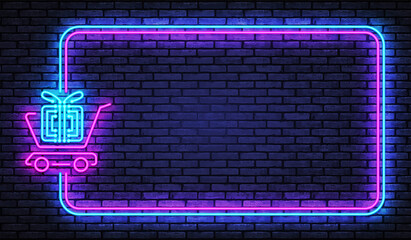 Modern banner with green shop neon on blue background for promo design. Vector modern banner. Online store. Vector design. Discount banner design