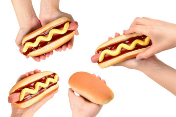 Hot dog in woman hand isolated on white background. Copy space.