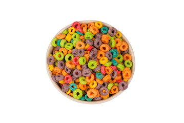 Colorful rings cereal spill out into a bowl. Breakfast. Isolated.