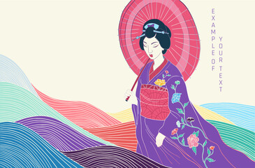 abstract asian style female portrait in traditional clothes, bright colours