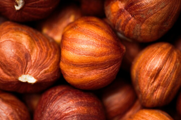 Close up macro texture view on hazelnuts       