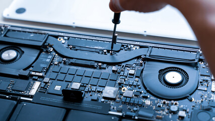 Maintenance pc. Maintenance repair engineer support. Computer technician service with laptop on...