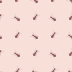 Seamless pattern colony ants on light pink background. Vector insects template in flat style for any purpose. Modern animals texture.