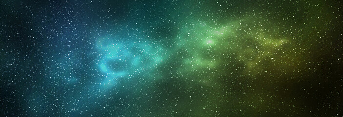 Night starry sky and bright yellow green galaxy, horizontal background banner