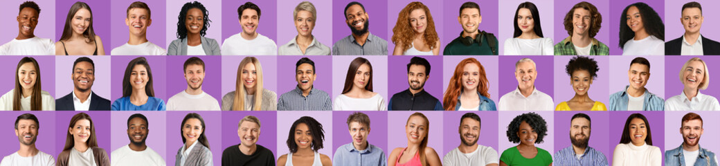 Panoramic set of portraits of multiracial people on purple