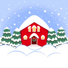 Christmas cozy decorated home with green fir trees under snowfall. Vector winter landscape illustration.
