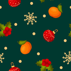 Seasonal new year or christmas vector pattern with citrous oranges, red balls, ilex and snow on dark green or turquoise background.