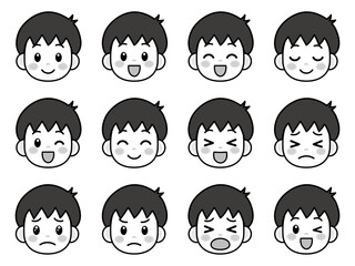 男の子の顔アイコン＿グレースケール素材