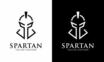 Greek Sparta / Spartan Helmet Warrior logo design line art. on a black and white background.