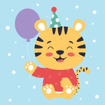 vector illustration of cute tiger with balloon