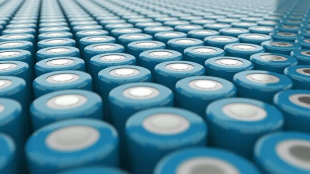 Energy evolution. New High-Capacity 4680 Format Lithium Batteries for automotive production and other consumer electronics.  Seamless loop of blue 4680 batteries, infinity field