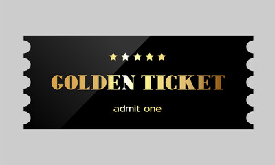 Golden ticket. Golden ticket with stars and the "Admit one". Vector illustration.	
