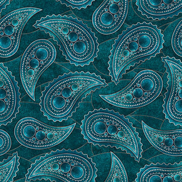 Traditional seamless Paisley pattern. Indian ornament. Turkish cucumber. Watercolor with gold. The tear of Allah. Design of fabric, packaging, paper. Blue color.
