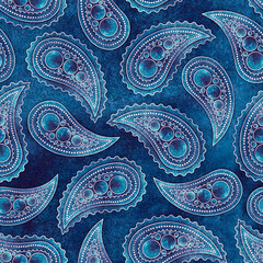 Traditional seamless Paisley pattern. Indian ornament. Turkish cucumber. Watercolor with gold. The tear of Allah. Design of fabric, packaging, paper. Blue color.