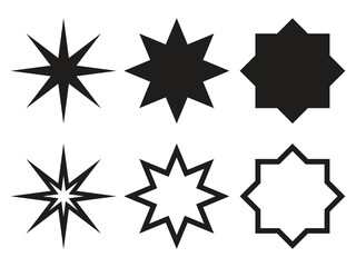 Star shapes collection. Silhouetes and outline eight pointed stars. Simple design elements set. Vector illustration isolated on white.