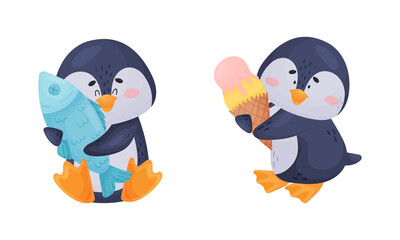 Cute Penguin Arctic Animal Holding Fish and Ice Cream Vector Set