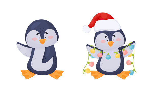 Cute Penguin Arctic Animal Waving Wing and Holding Garland Vector Set