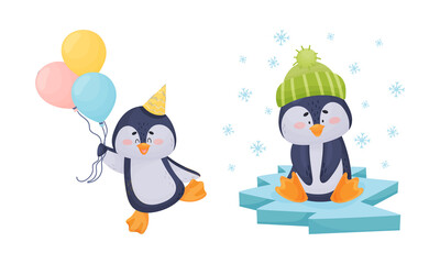 Cute Penguin Arctic Animal Carrying Bunch of Balloons and Sitting on Ice Plate Vector Set