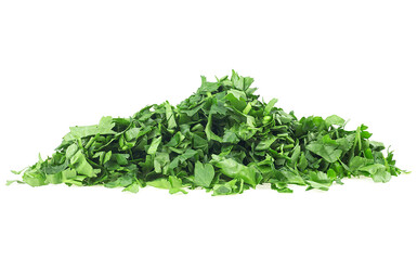 Obraz premium Pile of fresh chopped green parsley leaves isolated on a white background