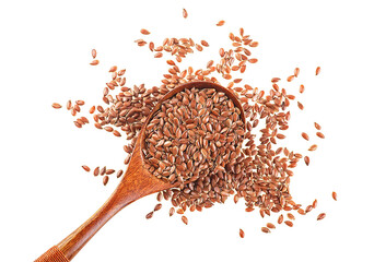 Flax seeds in wooden spoon isolated on a white background, top view.