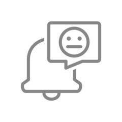 Notification bell with neutral face in speech bubble line icon. Inbox message, notification with emoji rating symbol