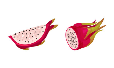 Pitaya or Pitahaya Tropical Fruit with White Juicy Flesh Vector Set