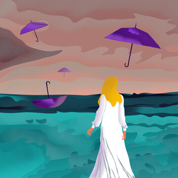 Młoda kobieta w białej sukience nad morzem ze spadającymi w oddali parasolkami z nieba