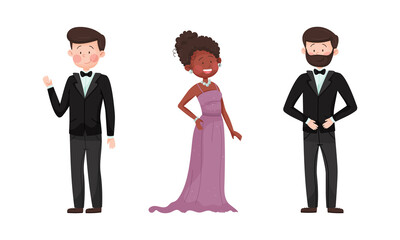 Young Man and Woman in Evening Dress and Dinner Jacket Waving Hand Vector Set