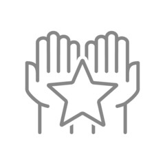 Hands holds star line icon. Ranking, best rank symbol