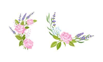 Fototapeta na wymiar Pink Rose Bud and Tender Lavender Flower Twigs Arranged in Decor Composition Vector Set