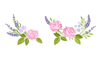 Pink Rose Bud and Tender Lavender Flower Twigs Arranged in Decor Composition Vector Set