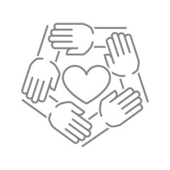 Heart with hands circle line icon. Donation, solidarity, support symbol