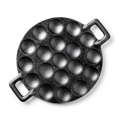 Traditional single black cast iron poffertjes baking pan on white background