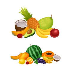 Pile of Bright and Juicy Tropical Fruit with Mango and Banana Vector Set