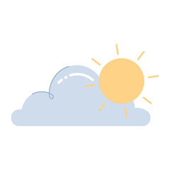 Sun in front of clouds Sunny cloudy weather forecast on white background. Colored vector illustration in flat cartoon style