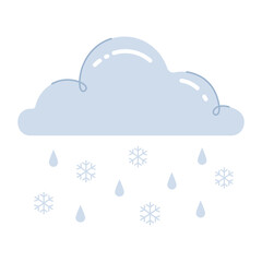 Cloud with falling rain drops and snowflakes. Rainy weather icon with raindrops. Colored flat cartoon vector illustration isolated on white background
